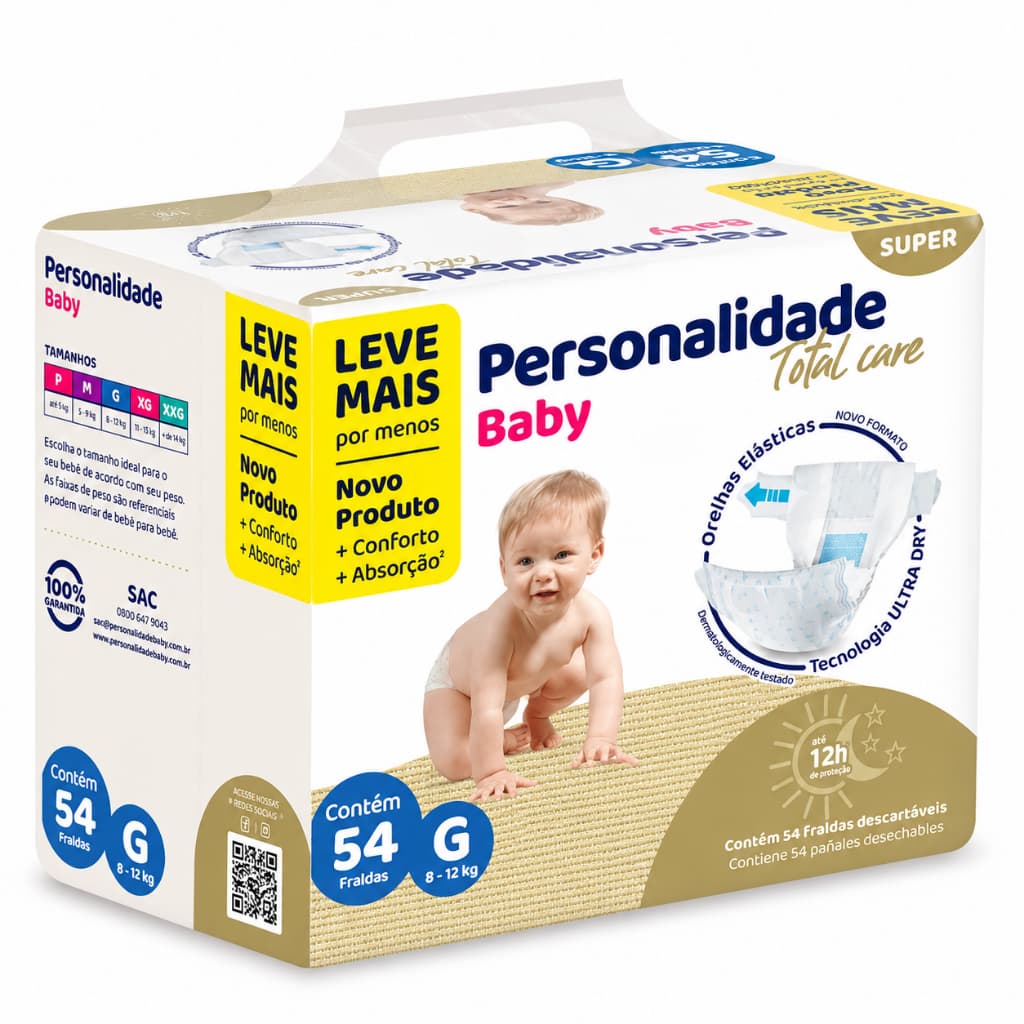 Fralda Descartável G Bebe Infantil Personalidade Baby Total Care Bag 54un