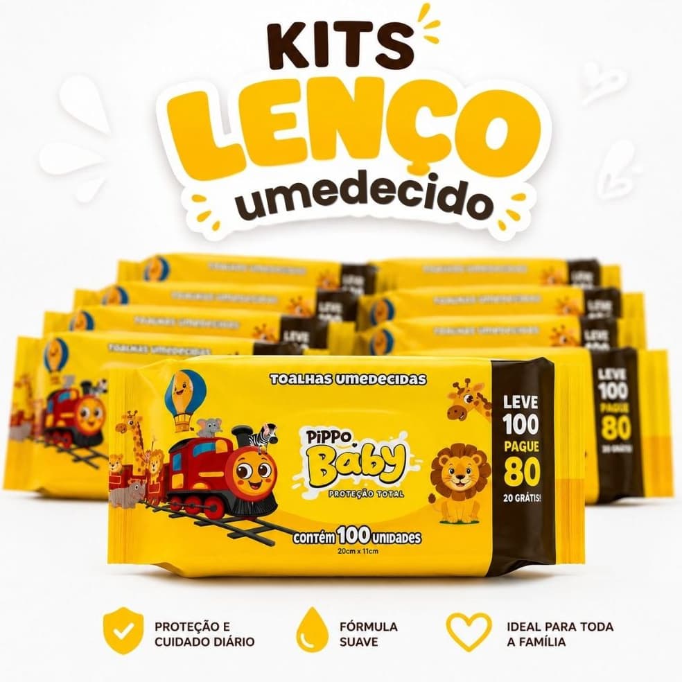 Kit Lenço Umedecido Pippo Baby Pacote 100 Toalhas Sem Álcool Kit Família Higiene Infantil