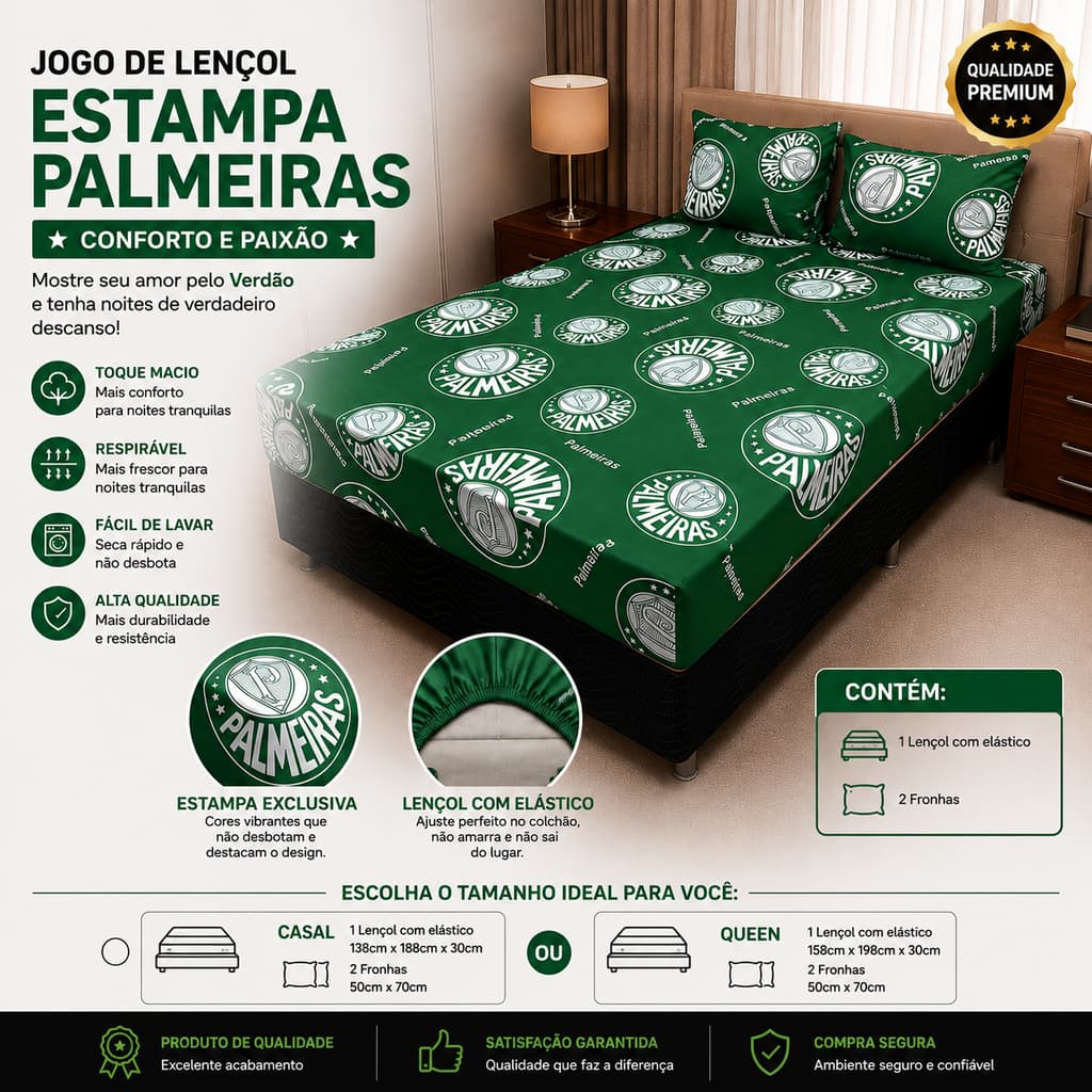 JOGO DE LENÇOL DE ELÁSTICO CAMA CASAL/SOLTEIRO TIME FUTEBOL N°266