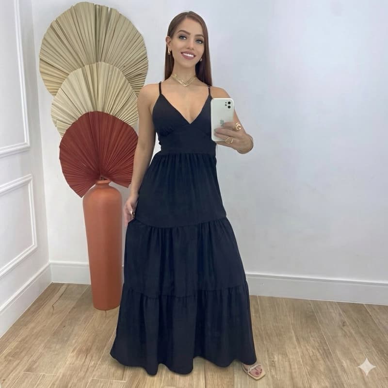 Vestido longo  três maria com bojo  Duna  babado Feminino Decote em V -Elegância, leveza e caimento perfeito