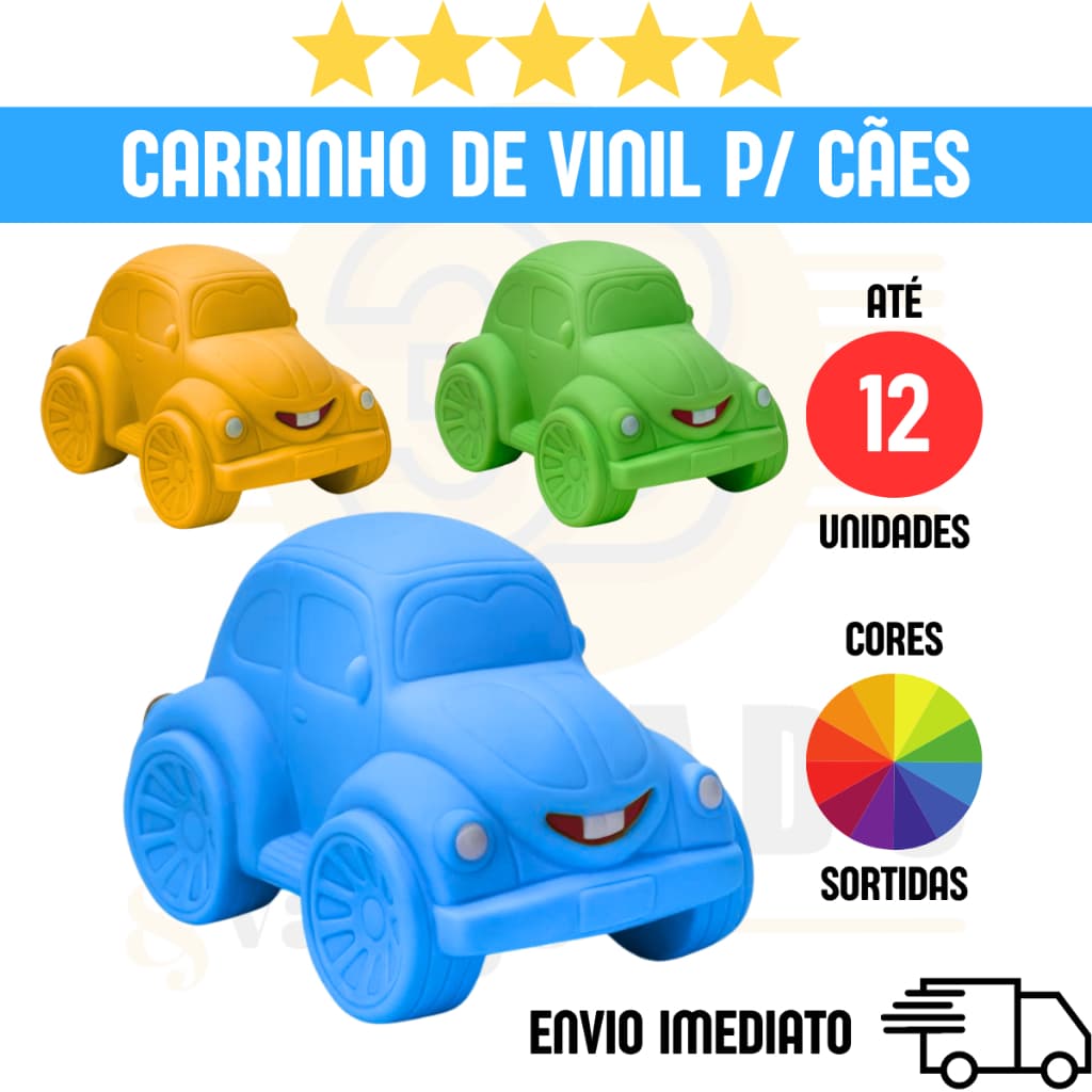 Carrinho de Vinil para Cachorro | até 12 Unidades | Brinquedo Mordedor Estilo Fusca Cores Sortidas