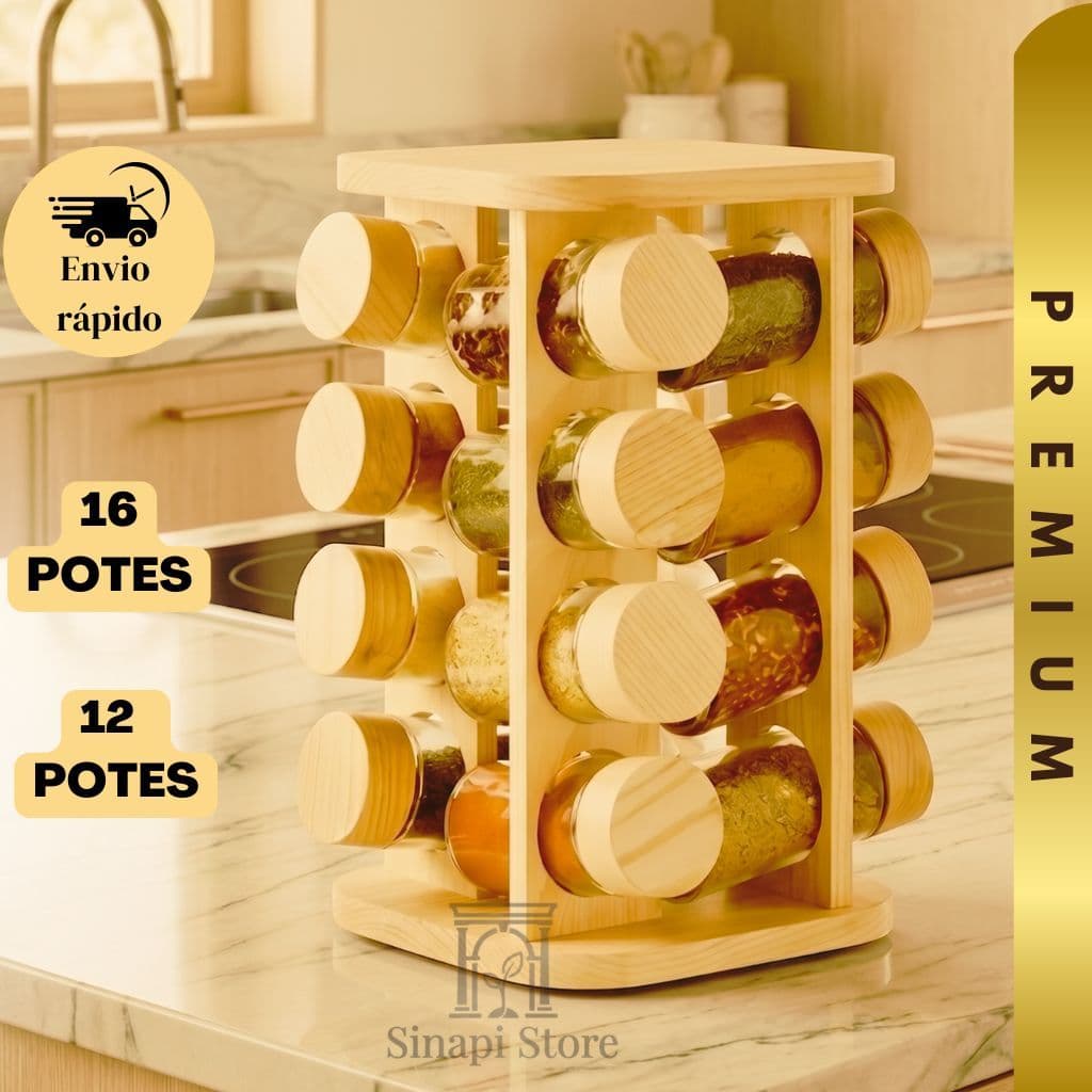 Porta Condimentos E Temperos de Bambu Premium 12 16 Potes De Vidro Com Tampa Dosadora Base Giratória Para Cozinha