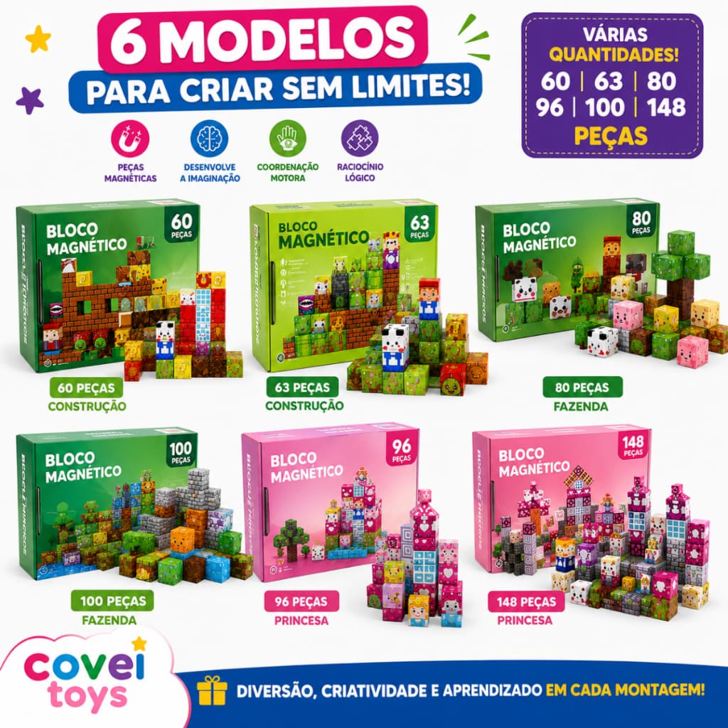 Blocos Magnéticos Infantil Educativo Cubos 60 A 148 Peças Brinquedo Construção Com Ímã Crianças