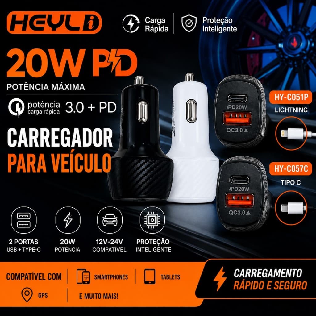 Carregador Veicular 20W USB Tipo C/ Iphone Carregador De Carro PD QC3.0 Carregamento Rápido