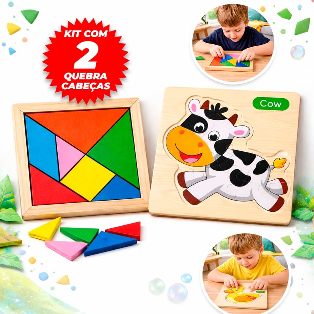 Kit Tangram + Quebra Cabeça Infantil Madeira MDF Educativo Brinquedo Pedagógico Raciocínio