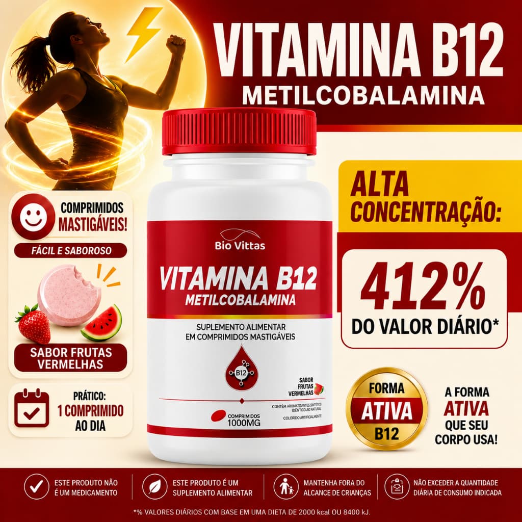 B12 Mastigável  Metilcobalamina Vitamina Comprimidos 1000mg Energia Suplemento Alimentar Bio Vittas