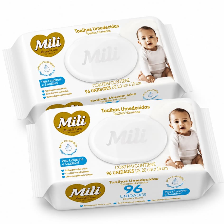 Kit 2 Pct Lenço Umedecido Toalha Umedecida Bebê Mili Love & Care Premium 192 unidades