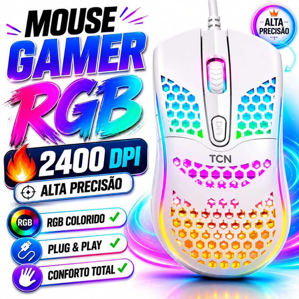 Mouse Gamer RGB TCN USB 2400 DPI LED Gamer PC Notebook Alta Precisão.