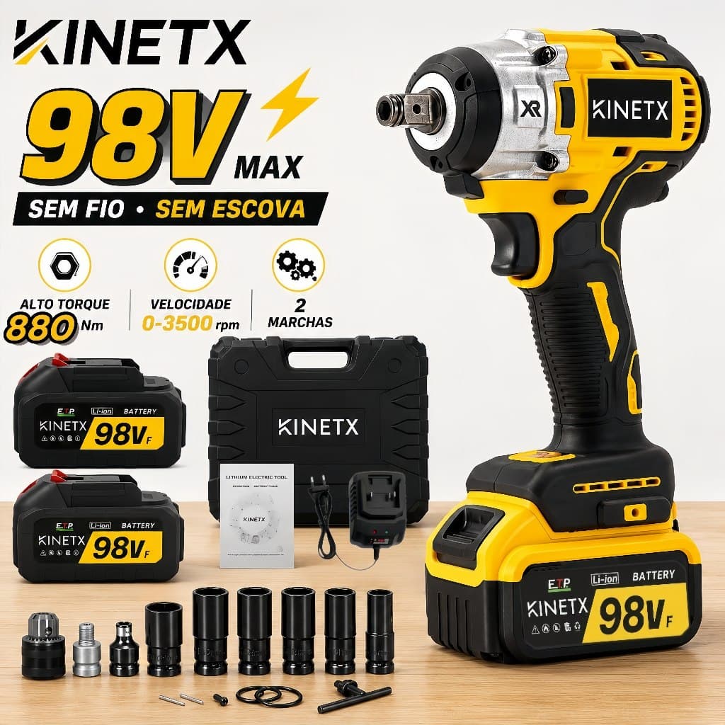 Chave de Impacto 880Nm 98Vf Parafusadeira Furadeira Sem Fio KINETX com 2 Baterias + Maleta e Acessórios Profissional
