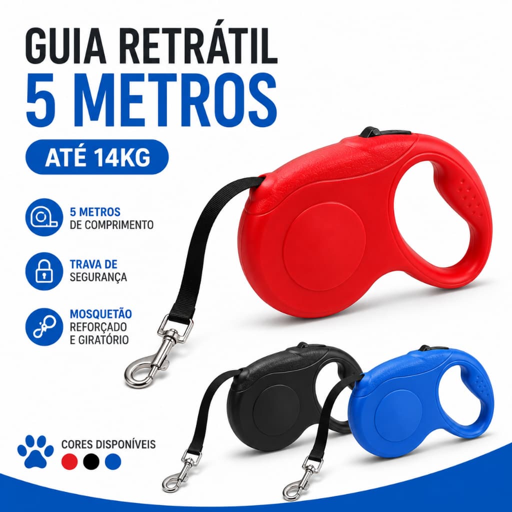 Coleira Guia Retrátil 5 Metros Passeio Pets Cachorro Cães Gatos Resistente com Trava de Segurança