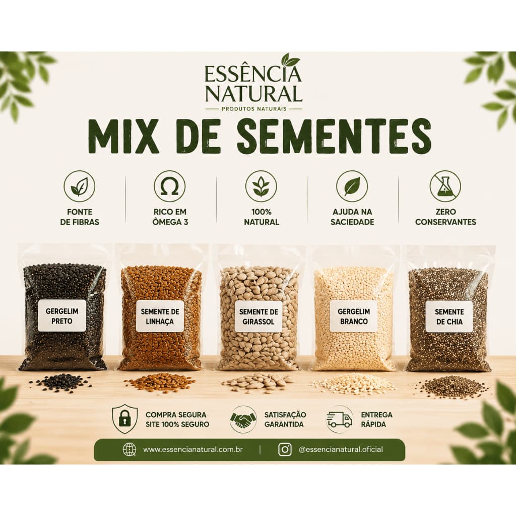 Mix de Sementes Saudáveis Chia Linhaça Gergelim Girassol e Abóbora  Fibras Ômega 3 Produtos Naturais
