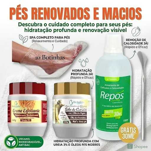 🦶 KIT SPA DOS PÉS COMPLETO | Amaciante de Calosidades Repos 150ml + 2 Cremes com Ureia + 10 Botinhas + Espátula 222.