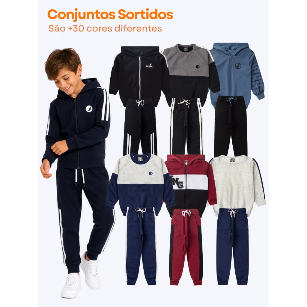 KIT 2, 4 ou 6 Peças Conjunto Infantil Menino Moletom Peluciado Quentinho Roupa de Bebê Sortido