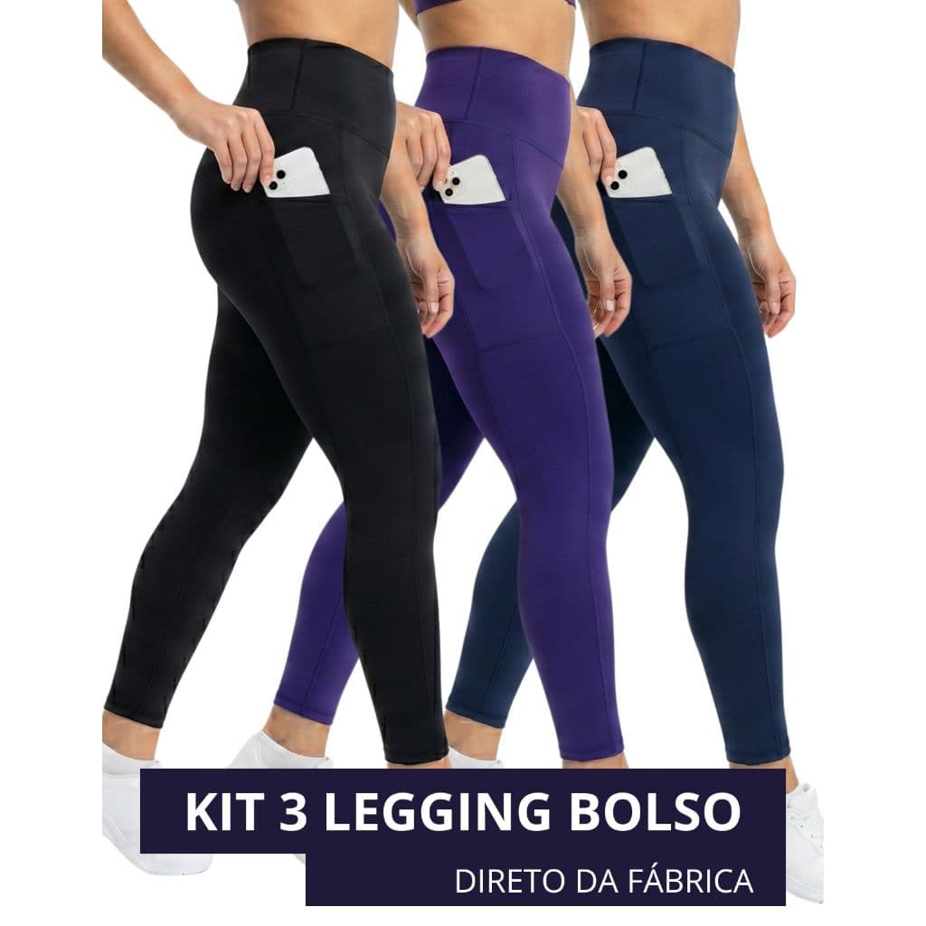 Kit 3 Calça Legging Feminina Com Bolso Lateral Academia Fitness Cós Alto Suplex Não Fica Transparente