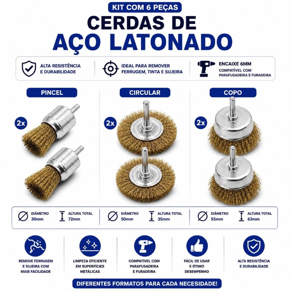 Jogo Kit 3 - 6 - 9 Peças Escovas De Aço Latonada Para Parafusadeira ou Furadeira Remover Ferrugem