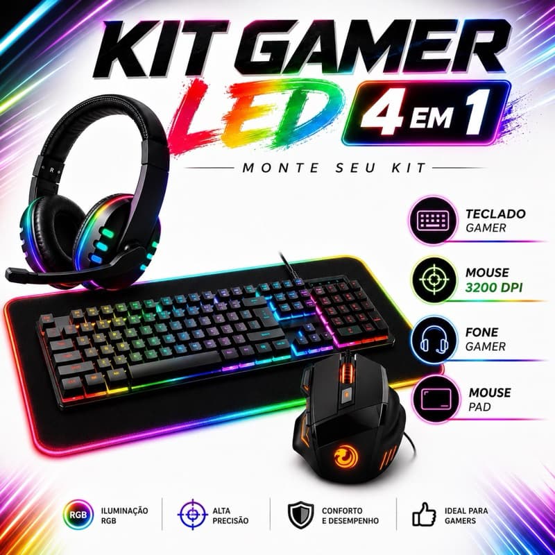 Kit Gamer 4 em 1 Teclado Semi-mecânico RGB, Mouse 3200 DPI RGB, Headset Fone RGB, MousePad LED Preto