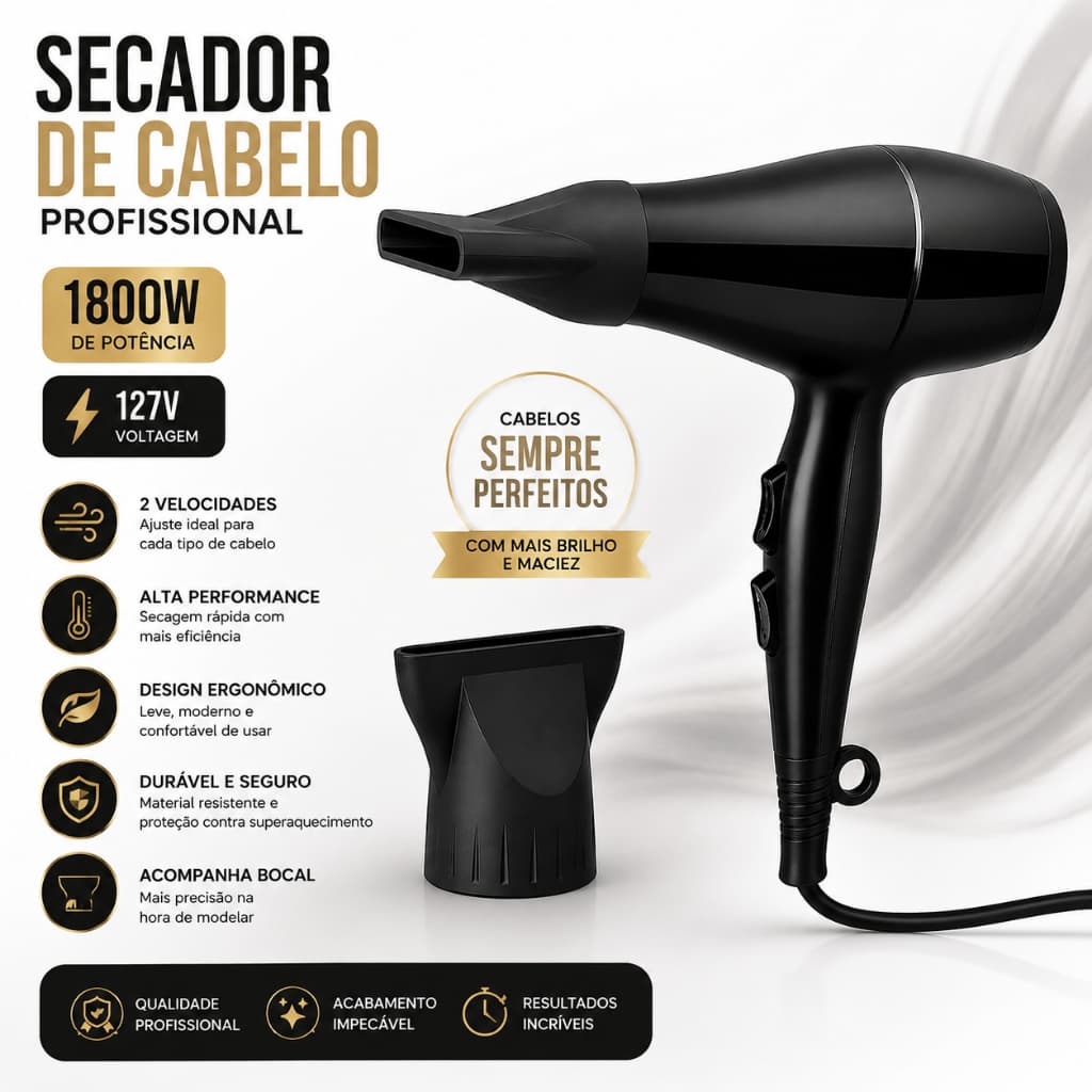 Secador de Cabelo Profissional 1800W 127V Preto 2 Velocidades Ar Frio com Bocal Salão barbearia