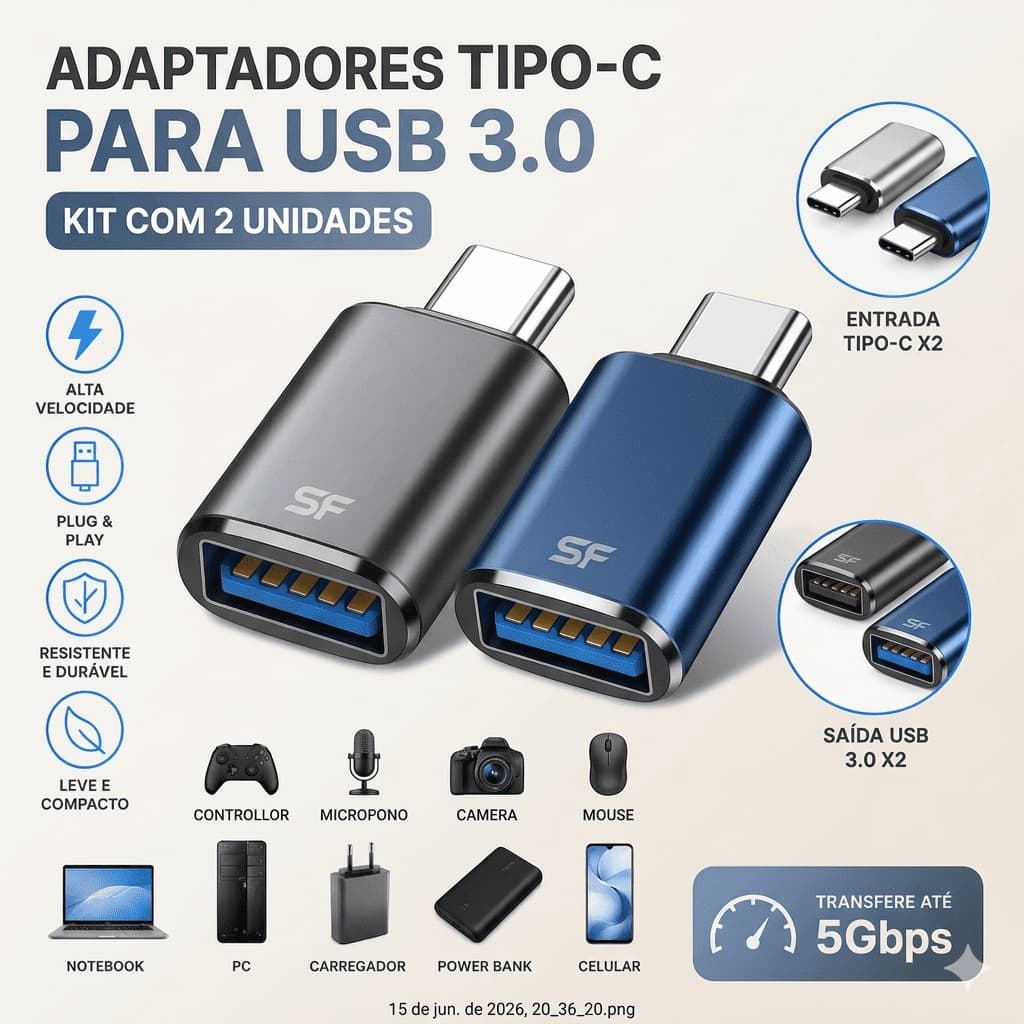 Kit Adaptador OTG USB Tipo C 5.1 para Transferência de Dados Android, Notebook e Tablet Super Velocidade
