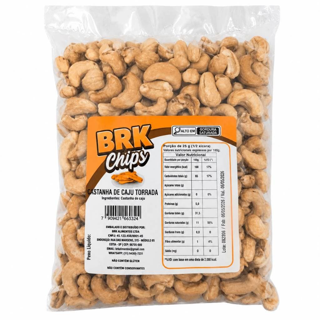Castanha de Caju Premium Torrada W1 | Sem Açúcar | Snack Saudável Natural | BRK Chips
