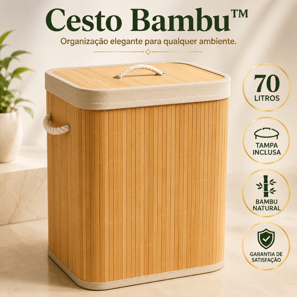 Cesto Organizador Bambu 70L Com Tampa e Alças Cesto para Roupas Sujas, Lavanderia, Quarto e Banheiro