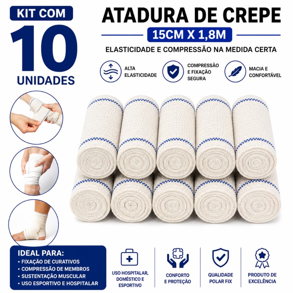 Kit 10 Ataduras de Crepe Polar Fix 15cm x 1,8m Compressão Curativo Ortopédico Primeiros Socorros