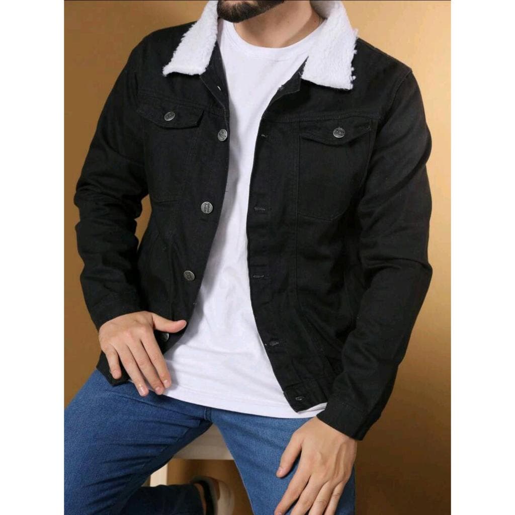 Jaqueta Jeans Masculino cor Preto Gola com Alpaca Pelinho Inverno