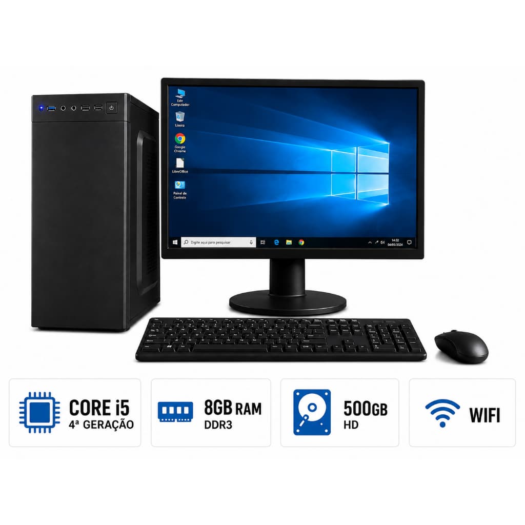 Computador Completo Intel Core i5 4ª Geração 8GB DDR3 HD 500GB WiFi Windows Monitor 19" Trabalhos