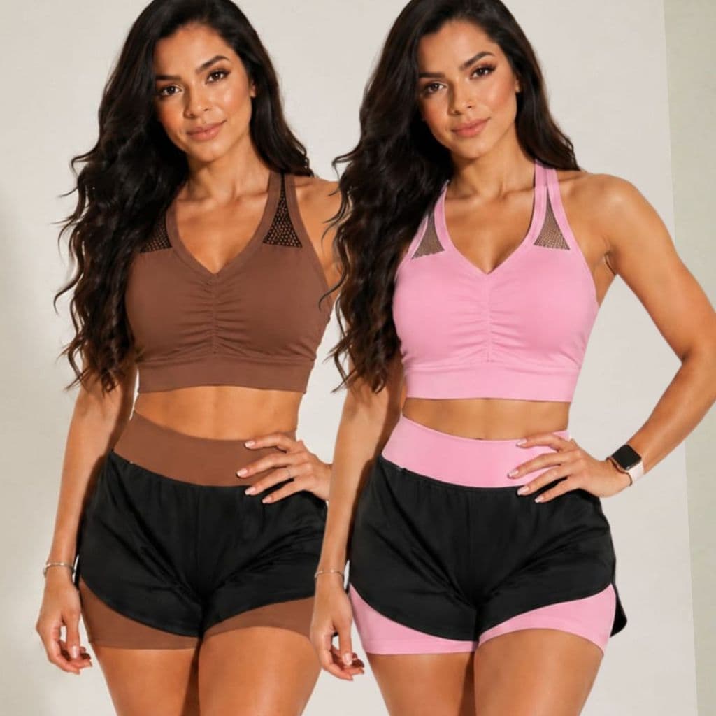 KIT 2 Conjunto de Academia feminino Shorts Duplo Com 100% De Zero Transparência Empina Bumbum Roupas de Academia Fitness