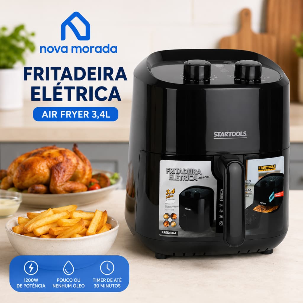 Air Fryer 3,4L Fritadeira Elétrica Sem Óleo saudável 1200W Antiaderente Timer Temperatura 200°C