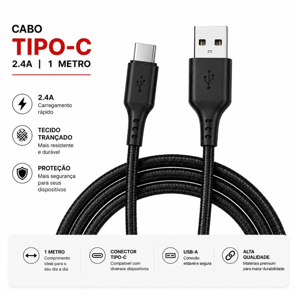 Cabo de Celular Carregador USB Tipo-C Reforçado Carregamento Rápido Preto Branco 12v - 2.4A