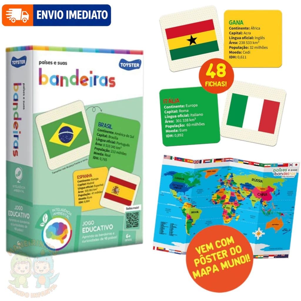 Jogo educativo PAÍSES E SUAS BANDEIRAS - 48 cartas /fichas peças Toyster Brinquedo Infantil Educativo mundo genial Mapa