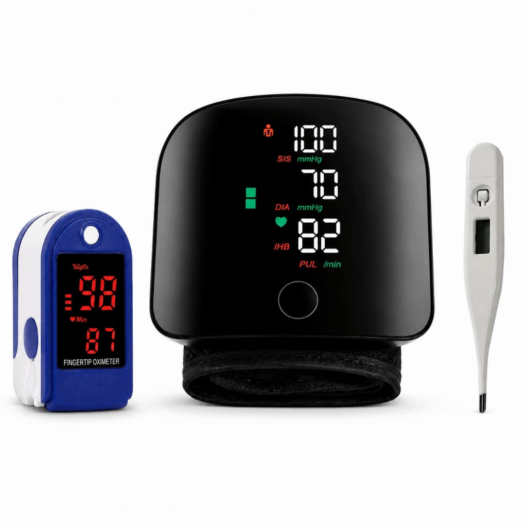 Kit Saúde 3 – Pressão de Pulso, Oxímetro e Termômetro Digital para Uso em Casa