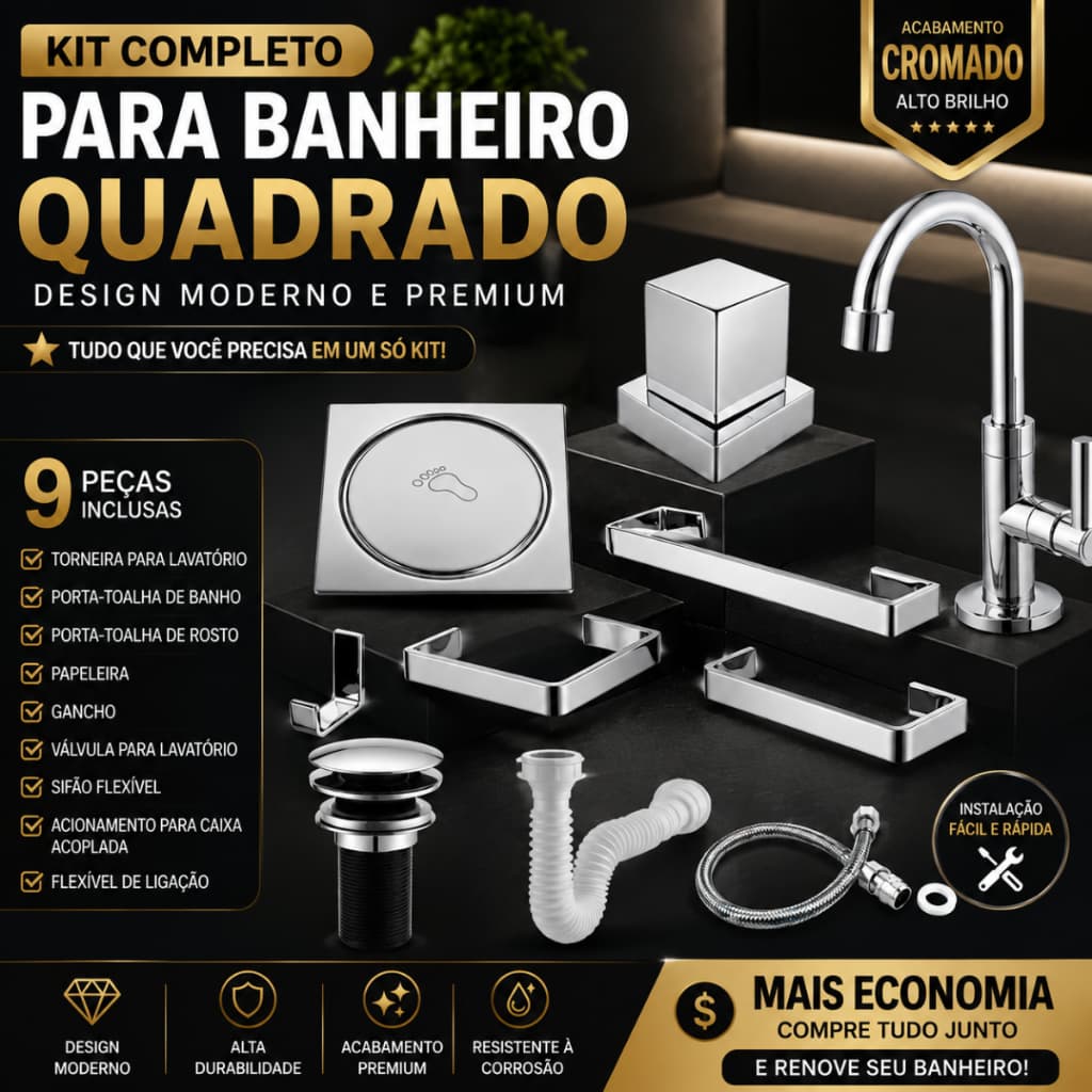 Kit Acessórios De Banheiro Cromado+Torneira Lavatorio+Ralo e Valvula Click+ Sifao+Engate+Acabamento Registro