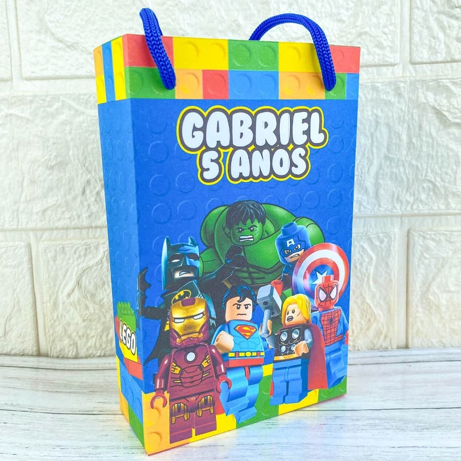 Kit Sacola Lego Heróis Blocos de Montar Personalizado | Lembrancinha Festa Infantil Aniversário