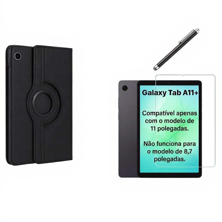Capa Case Giratoria P/ Tablet Galaxy Tab A11+ Plus (2025) + Película de Vidro 9H + Caneta Touch