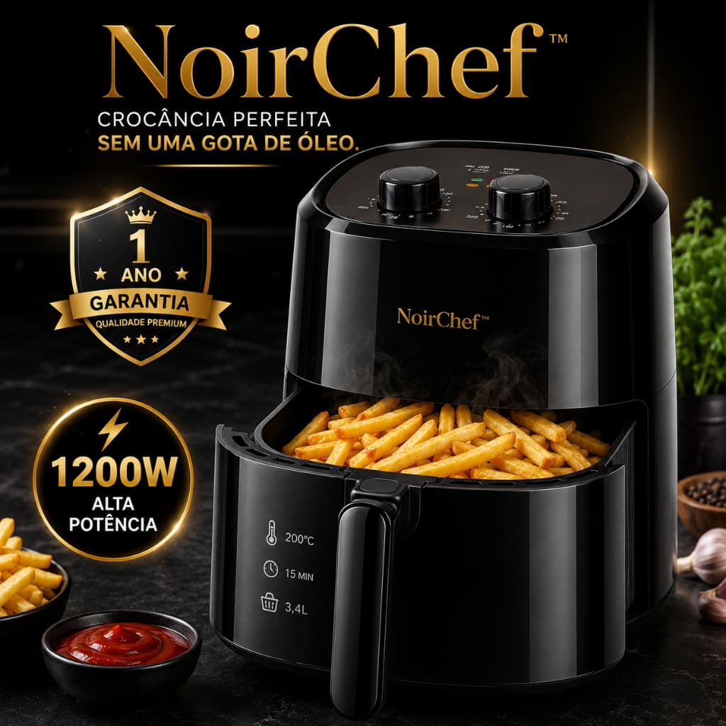 Air Fryer Sem Óleo 3,4 Litros 1200W Fritadeira Elétrica Potente Antiaderente Controle de Temperatura NoirChef™