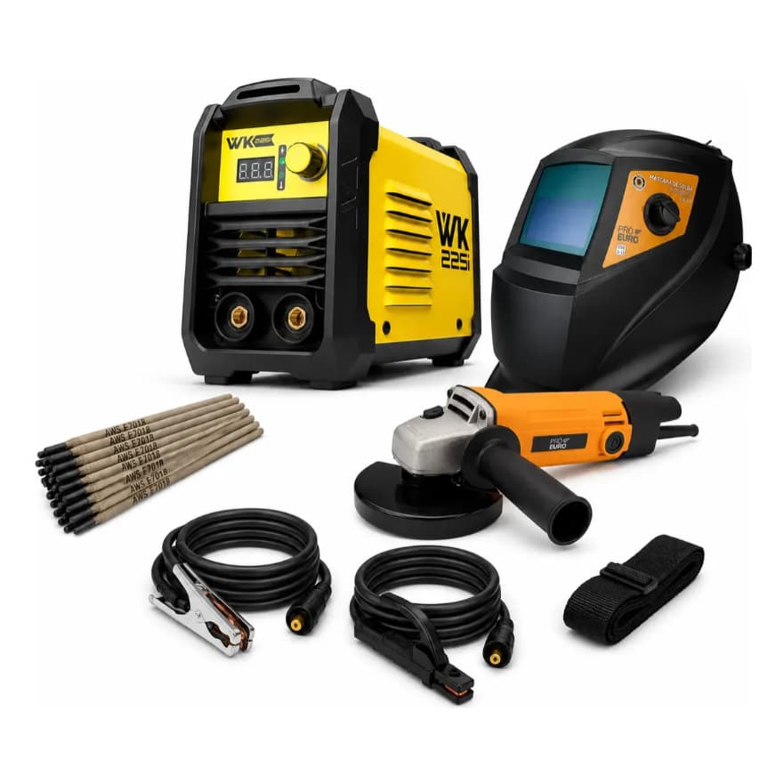 Kit Máquina de Solda WK 225i 220V + Máscara de Solda Automática + Esmerilhadeira 720W - Pró Euro