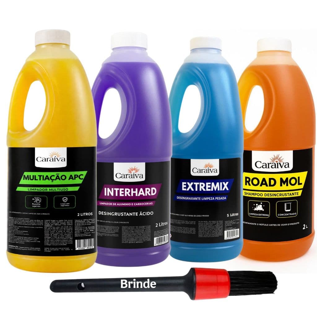 Kit Limpeza Carro Completo Limpador Multiuso Apc + Shampoo Limpeza Pesada Road Mol + Ativado Lm + Solupan Desengraxante
