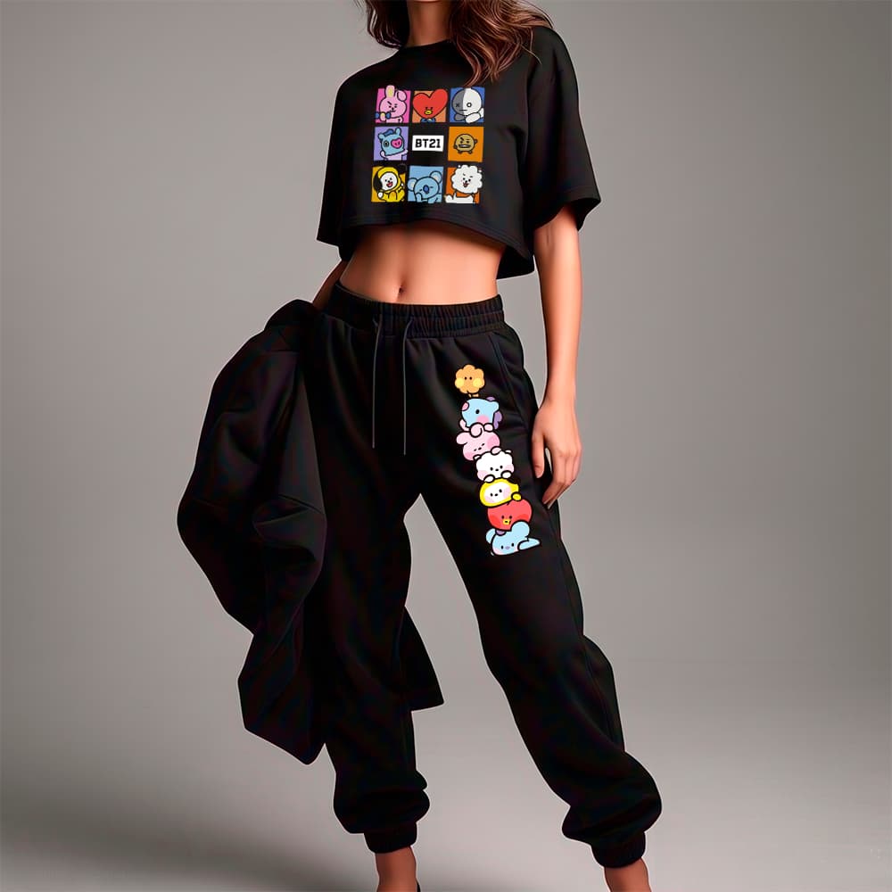 Conjunto Feminino Cropped Oversized e Calça Moletom Jogger BTS K-pop BT21 Arirang Tour Inverno Y2K