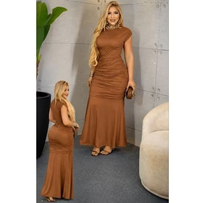 Vestido longo Feminino Franzido justo assimétrico com manguinha elegante de luxo liso para todas ocasiões