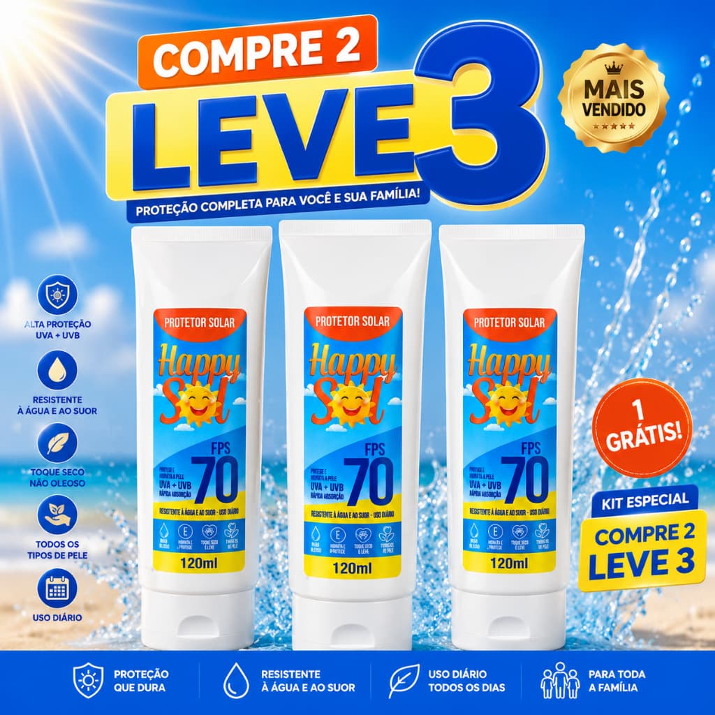 KIT 3 Protetor Solar ROSTO E CORPO, ANTISSINAIS 70FPS 150mL - HIDRATANDE, TOQUE SECO, VAGANO