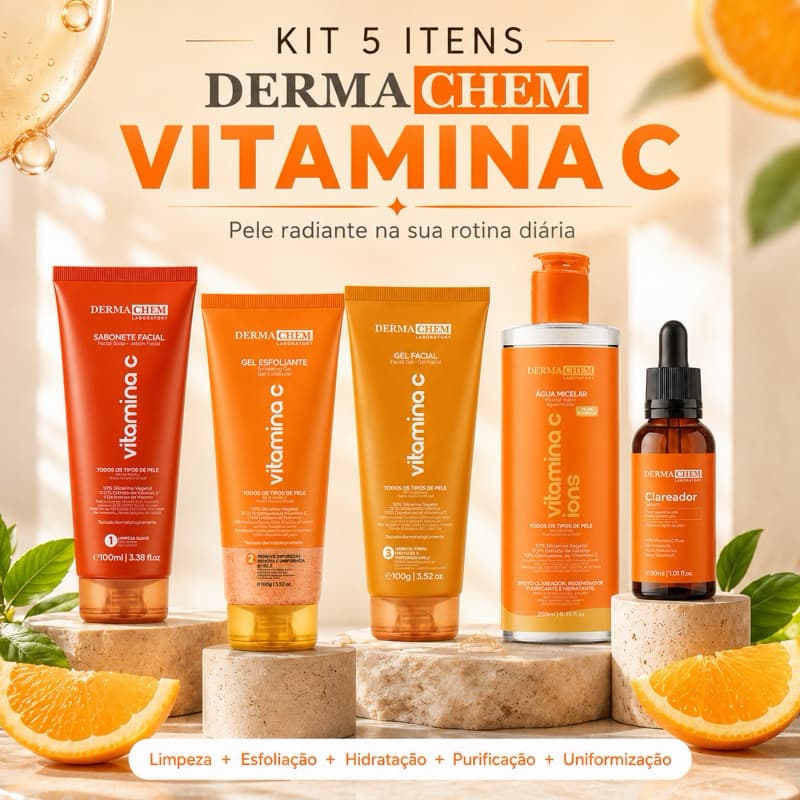 Kit Skincare Vitamina C Dermachem Clareador Facial Anti-idade para Manchas e Pele Iluminada