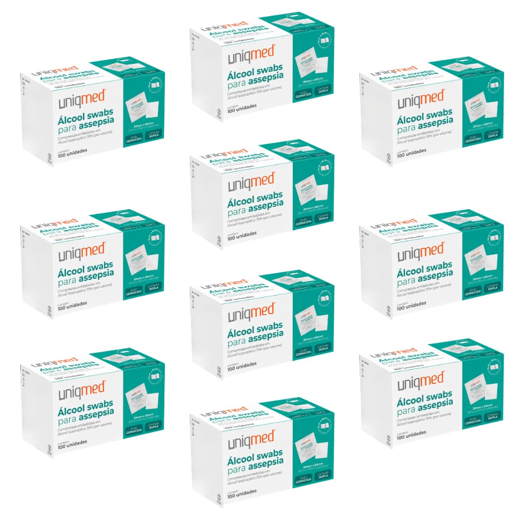 Kit 10 Caixas Álcool Swab 70% Saches Lenço Umedecido C/100 Unidades Cada - Uniqmed