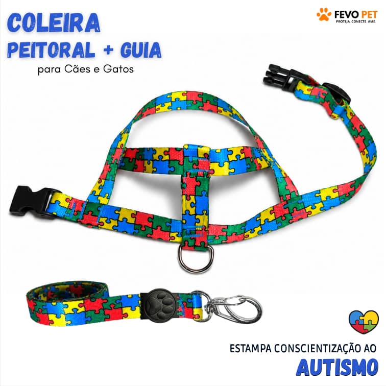 Coleira Peitoral com Guia Estampa Autismo para Cachorro e Gato | Arnês Ajustável em Poliéster