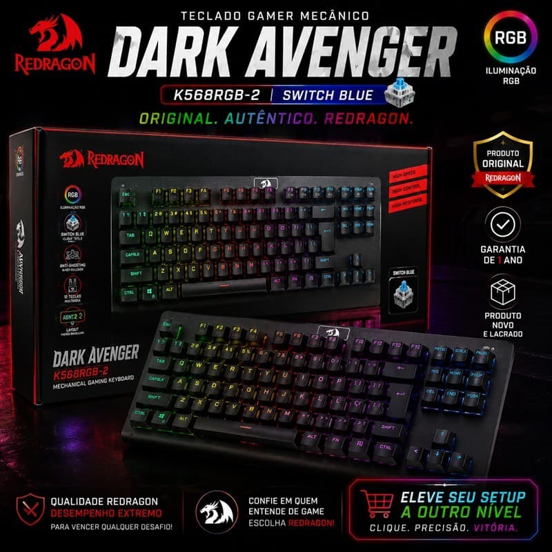 Teclado Gamer Mecânico Redragon Dark Avenger K568RGB-2 RGB Switch Blue ABNT2 USB Anti Ghosting Original