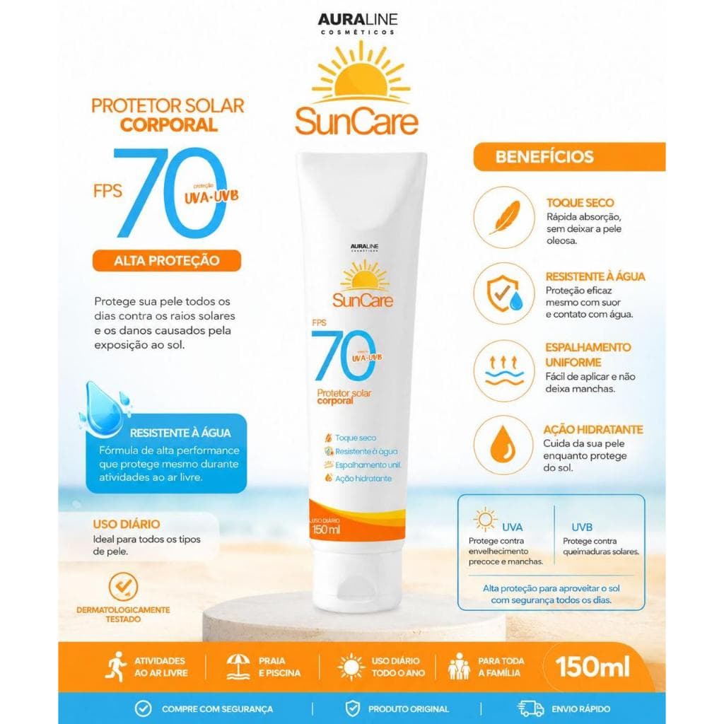Protetor Solar FPS 70 SunCare UVA+UVB Toque Seco Resistente à Água 150ml