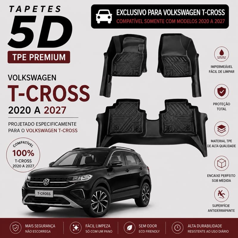 Tapete Bandeja Automotivo TPE 5D Sob Medida T-CROSS – Resistente, Lavável e Antiderrapante ✨
