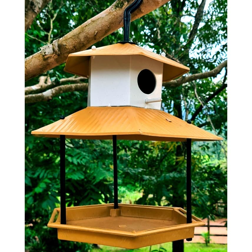 Comedouro E Tratador Com Casinha para Pássaros Jardim Ecológico Resistente ao tempo