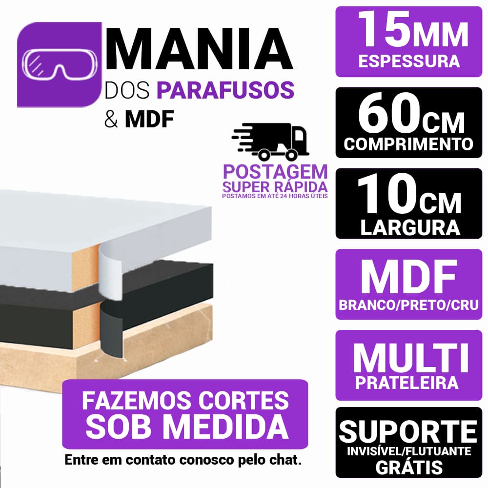 Prateleira Flutuante MDF 15mm Branca, Preta ou Cru Natural 60x10cm Com Suporte Invisível para Parede Sala Quarto Cozinha
