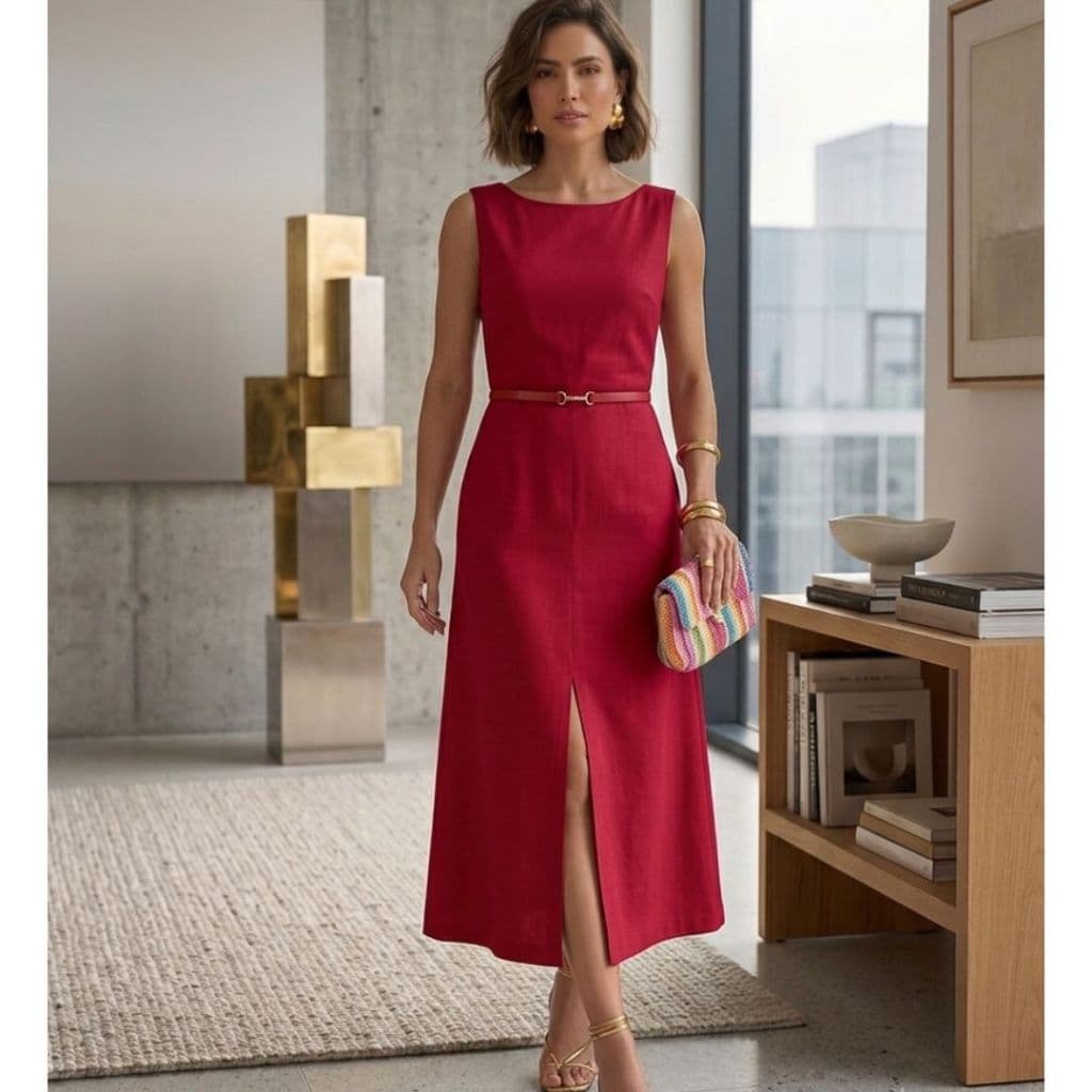 Vestido Midi Feminino Alfaiataria Alças Largas Bolsos e Fenda Frontal Elegante